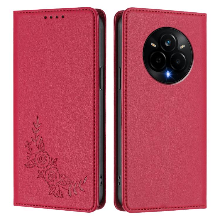 For Realme 14 Pro 5G India / Narzo 80 Pro Peony Embossed Magnetic RFID Vegan Leather Phone Case