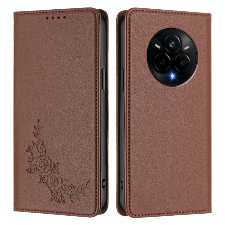 For Realme 14 Pro 5G India / Narzo 80 Pro Peony Embossed Magnetic RFID Vegan Leather Phone Case