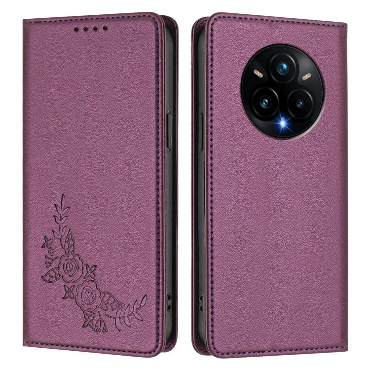 For Realme 14 Pro+ Peony Embossed Magnetic RFID Vegan Leather Phone Case