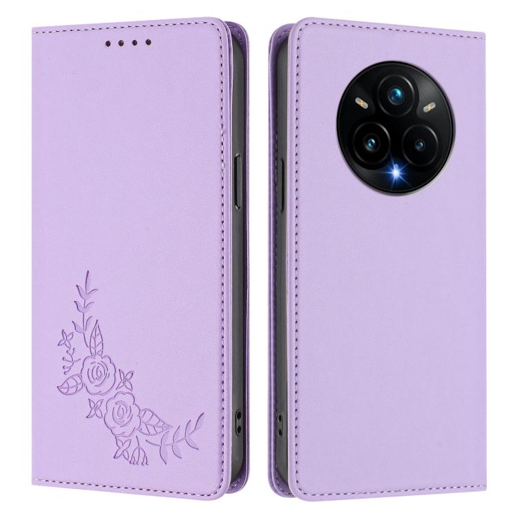 For Realme 14 Pro+ Peony Embossed Magnetic RFID Vegan Leather Phone Case