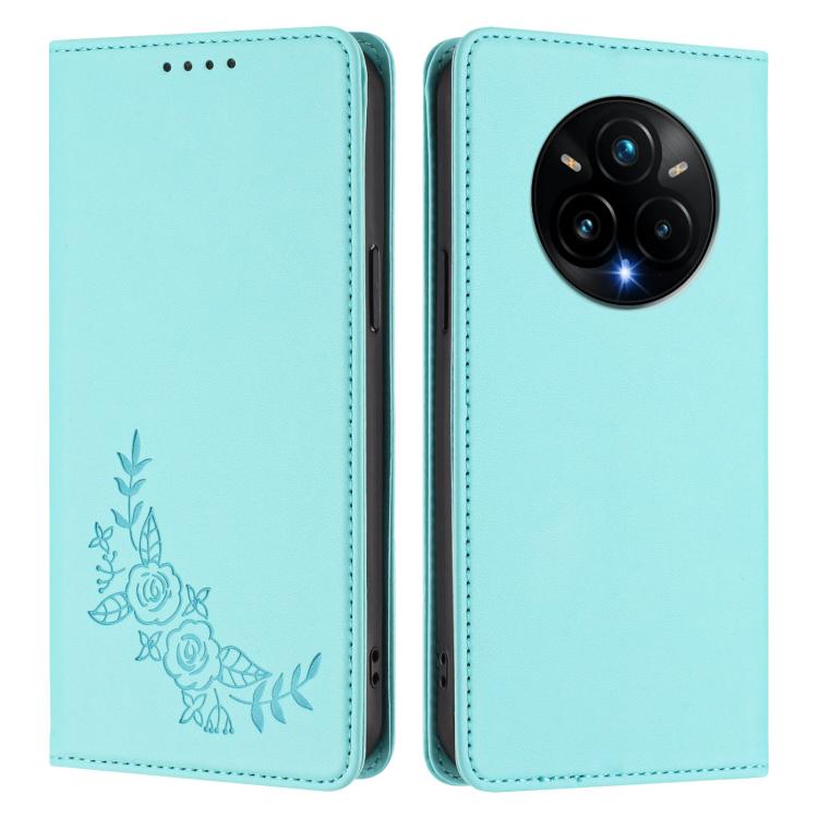 For Realme 14 Pro+ Peony Embossed Magnetic RFID Vegan Leather Phone Case