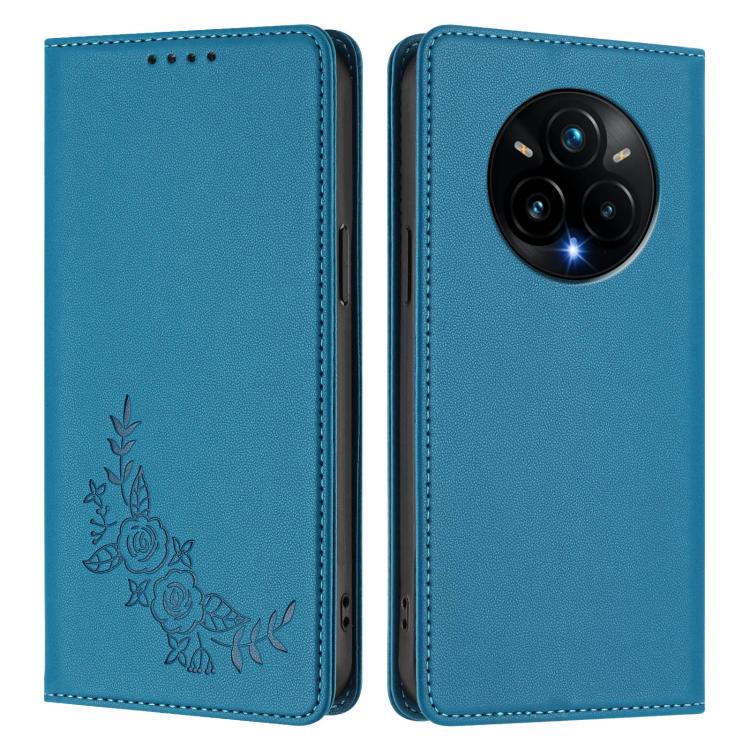 For Realme 14 Pro+ Peony Embossed Magnetic RFID Vegan Leather Phone Case