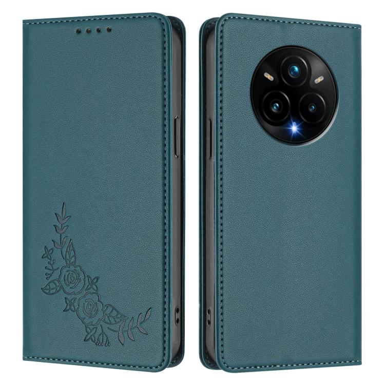 For Realme 14 Pro+ Peony Embossed Magnetic RFID Vegan Leather Phone Case