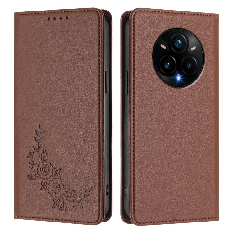 For Realme 14 Pro+ Peony Embossed Magnetic RFID Vegan Leather Phone Case