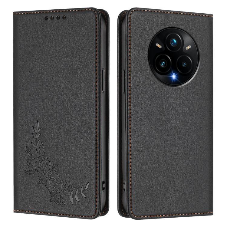 For Realme 14 Pro+ Peony Embossed Magnetic RFID Vegan Leather Phone Case