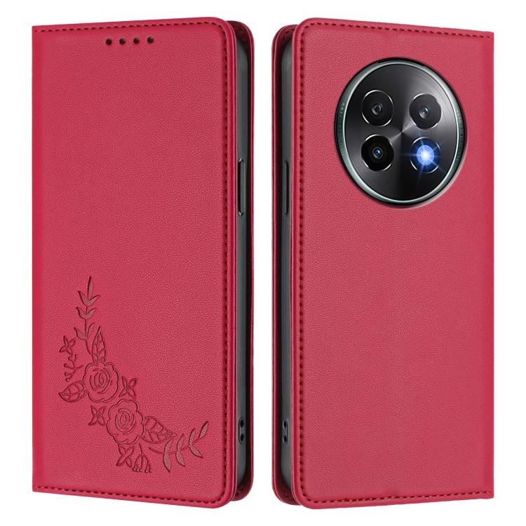For Realme 13+ Peony Embossed Magnetic RFID Vegan Leather Phone Case