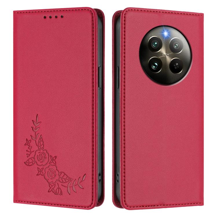 For Realme 13 4G / 12 4G / 12+ / Narzo 70 / P1 Peony Embossed Magnetic RFID Vegan Leather Phone Case