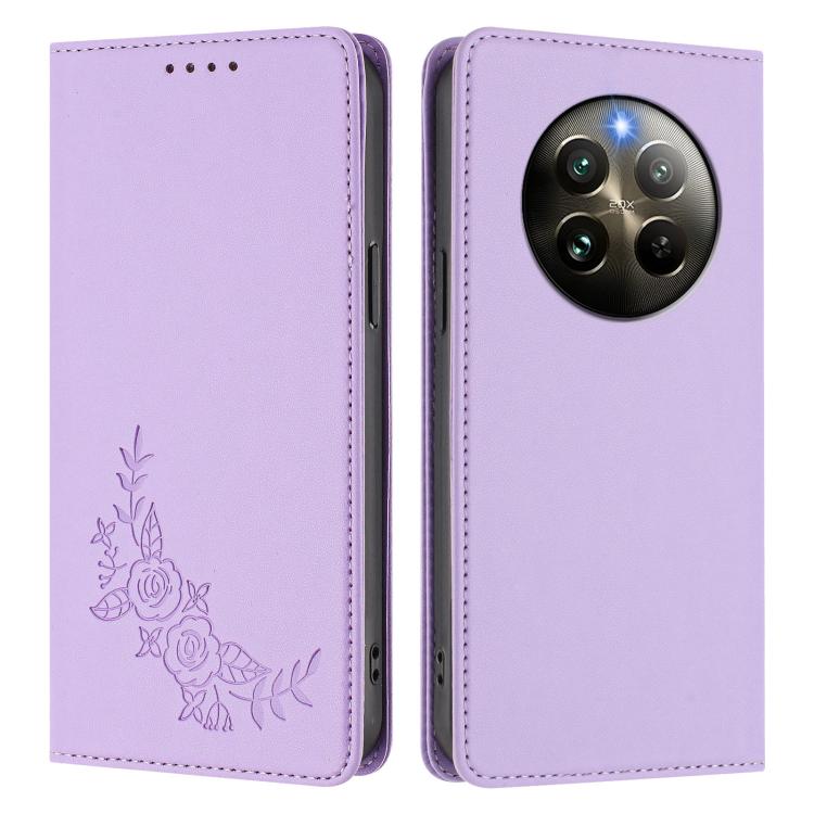 For Realme 13 4G / 12 4G / 12+ / Narzo 70 / P1 Peony Embossed Magnetic RFID Vegan Leather Phone Case