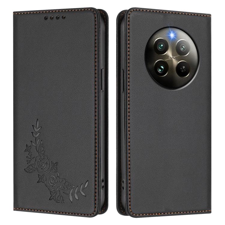 For Realme 13 4G / 12 4G / 12+ / Narzo 70 / P1 Peony Embossed Magnetic RFID Vegan Leather Phone Case