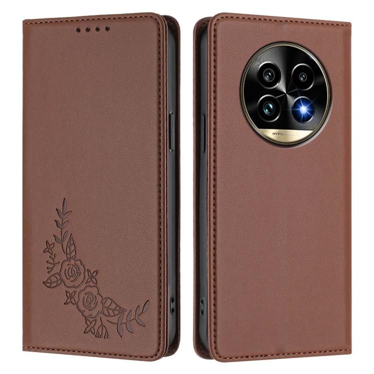 For Realme 13 Pro / 13 Pro+ Peony Embossed Magnetic RFID Vegan Leather Phone Case