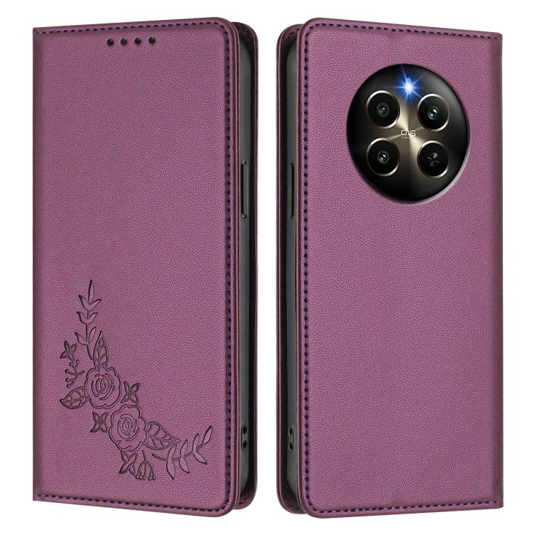 For Realme 12 Pro / 12 Pro+ / P1 Pro Peony Embossed Magnetic RFID Vegan Leather Phone Case