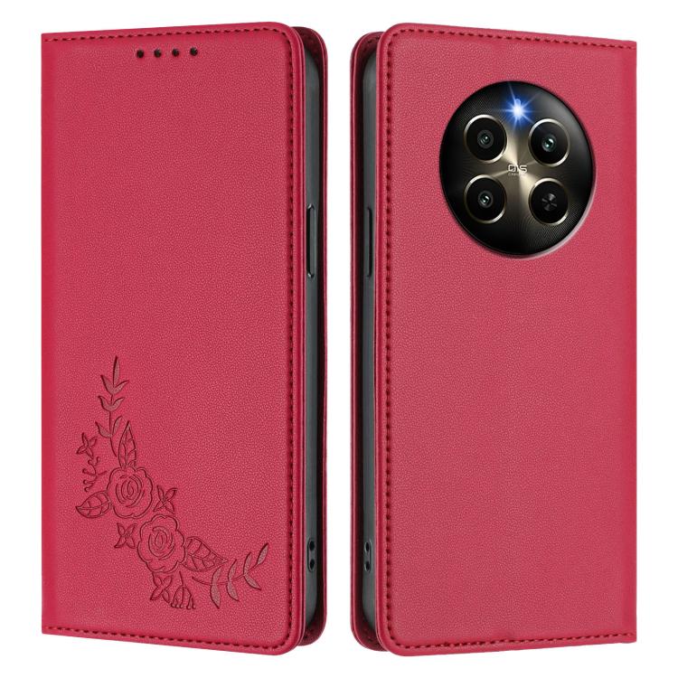 For Realme 12 Pro / 12 Pro+ / P1 Pro Peony Embossed Magnetic RFID Vegan Leather Phone Case