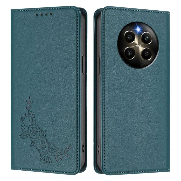 For Realme 12 Pro / 12 Pro+ / P1 Pro Peony Embossed Magnetic RFID Vegan Leather Phone Case