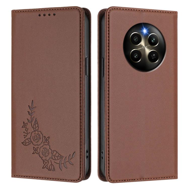 For Realme 12 Pro / 12 Pro+ / P1 Pro Peony Embossed Magnetic RFID Vegan Leather Phone Case