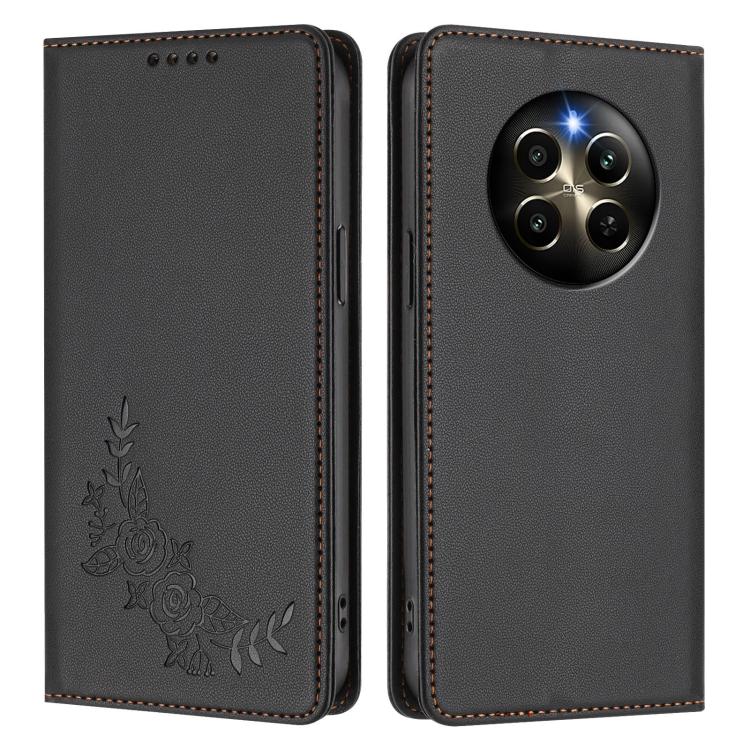For Realme 12 Pro / 12 Pro+ / P1 Pro Peony Embossed Magnetic RFID Vegan Leather Phone Case