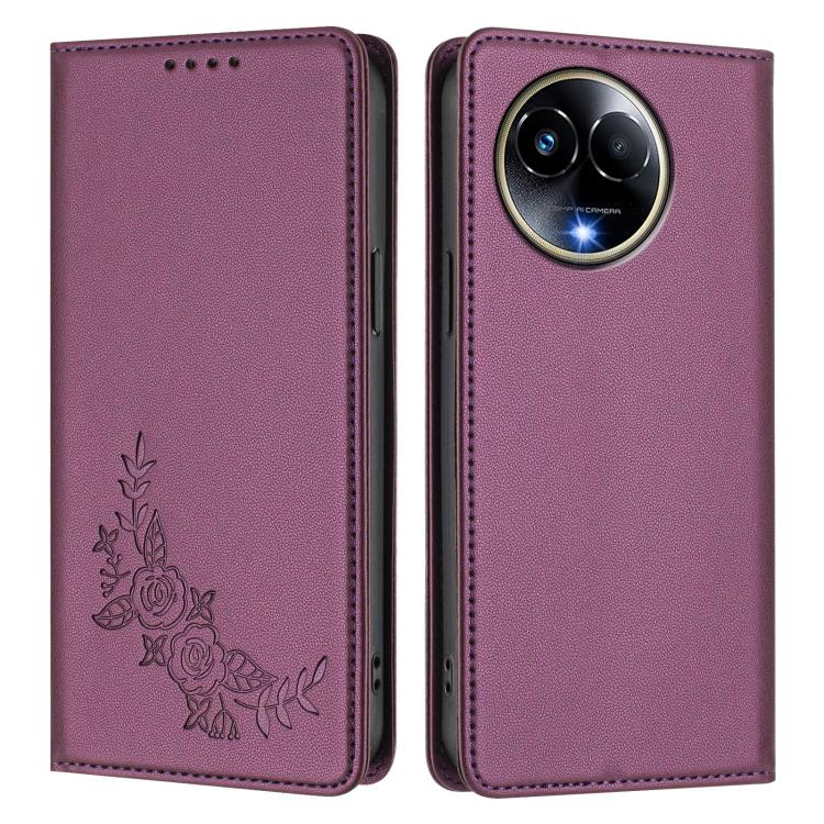 For Realme 11 5G / 11x / C67 5G / Narzo 60x Peony Embossed Magnetic RFID Vegan Leather Phone Case