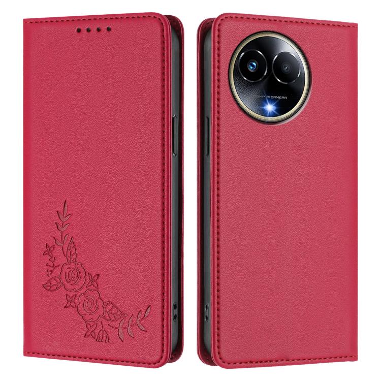For Realme 11 5G / 11x / C67 5G / Narzo 60x Peony Embossed Magnetic RFID Vegan Leather Phone Case