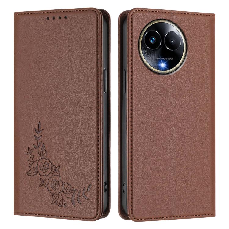 For Realme 11 5G / 11x / C67 5G / Narzo 60x Peony Embossed Magnetic RFID Vegan Leather Phone Case