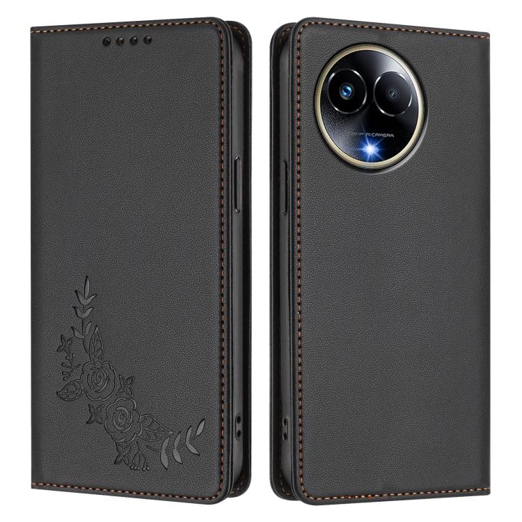 For Realme 11 5G / 11x / C67 5G / Narzo 60x Peony Embossed Magnetic RFID Vegan Leather Phone Case