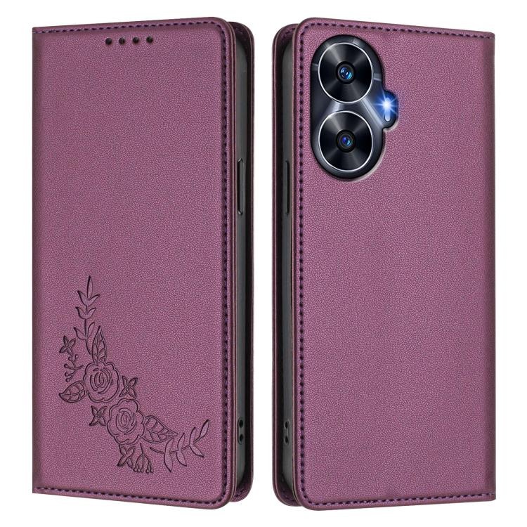 For Realme C55 / Narzo N55 Peony Embossed Magnetic RFID Vegan Leather Phone Case