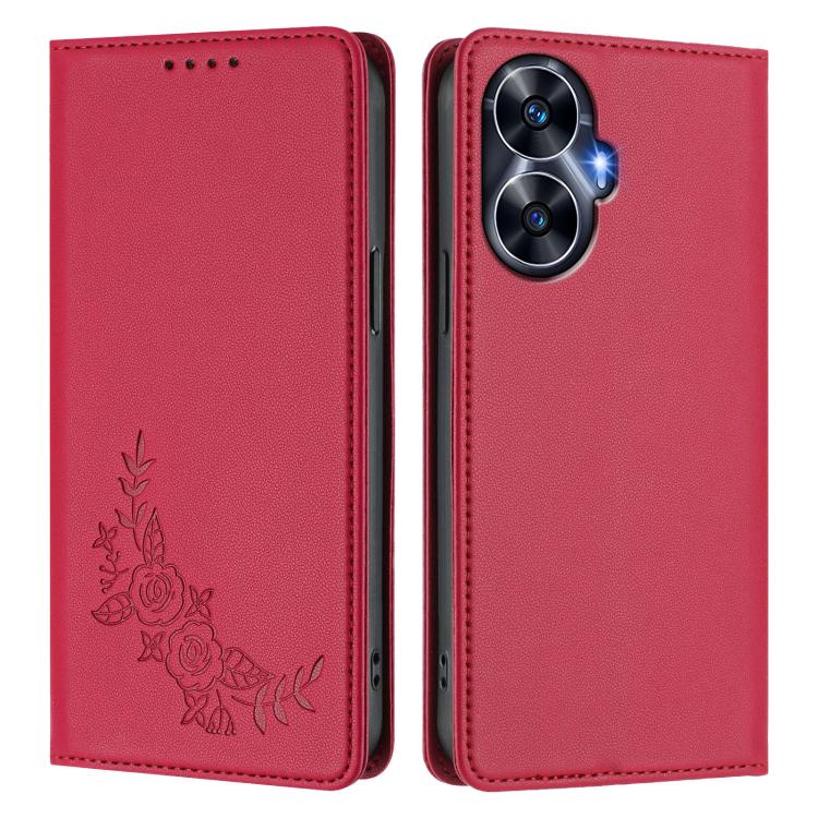 For Realme C55 / Narzo N55 Peony Embossed Magnetic RFID Vegan Leather Phone Case