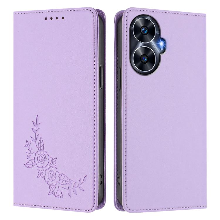 For Realme C55 / Narzo N55 Peony Embossed Magnetic RFID Vegan Leather Phone Case