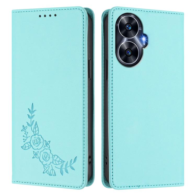For Realme C55 / Narzo N55 Peony Embossed Magnetic RFID Vegan Leather Phone Case