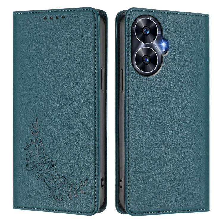 For Realme C55 / Narzo N55 Peony Embossed Magnetic RFID Vegan Leather Phone Case