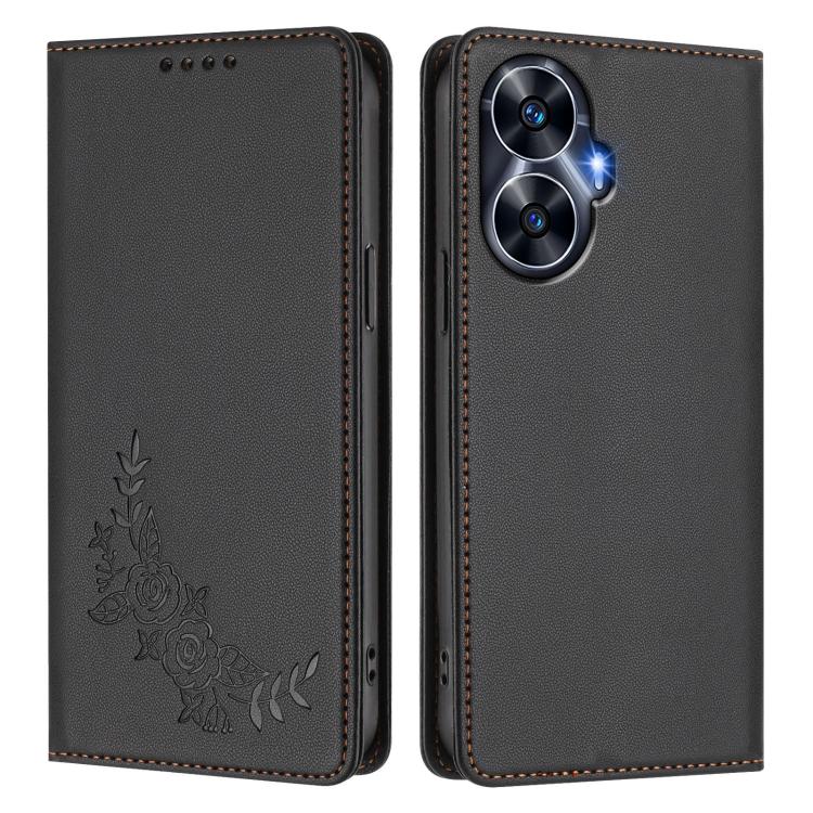 For Realme C55 / Narzo N55 Peony Embossed Magnetic RFID Vegan Leather Phone Case