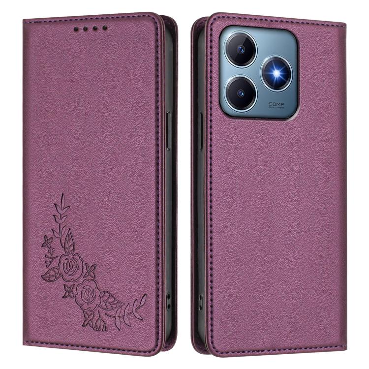 For Realme C63 4G / C61 / C61 India / Note 60 Peony Embossed Magnetic RFID Vegan Leather Phone Case