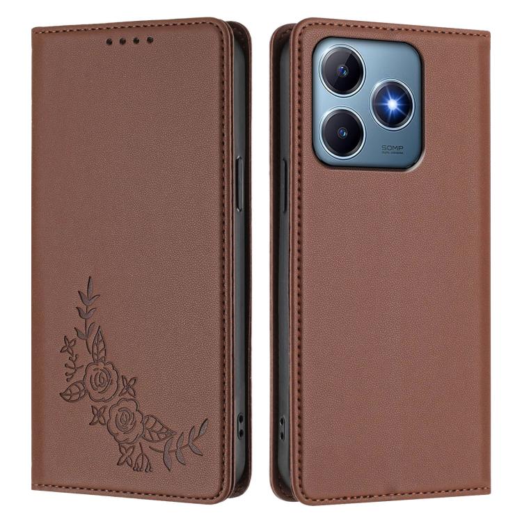 For Realme C63 4G / C61 / C61 India / Note 60 Peony Embossed Magnetic RFID Vegan Leather Phone Case