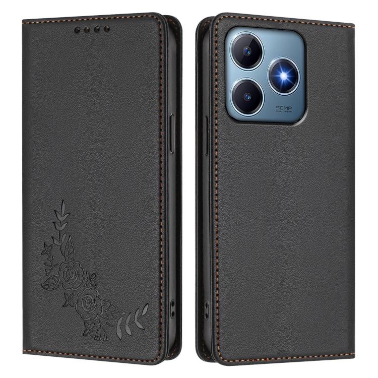 For Realme C63 4G / C61 / C61 India / Note 60 Peony Embossed Magnetic RFID Vegan Leather Phone Case