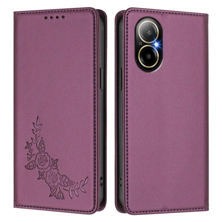 For Realme C67 4G / 12 Lite Peony Embossed Magnetic RFID Vegan Leather Phone Case