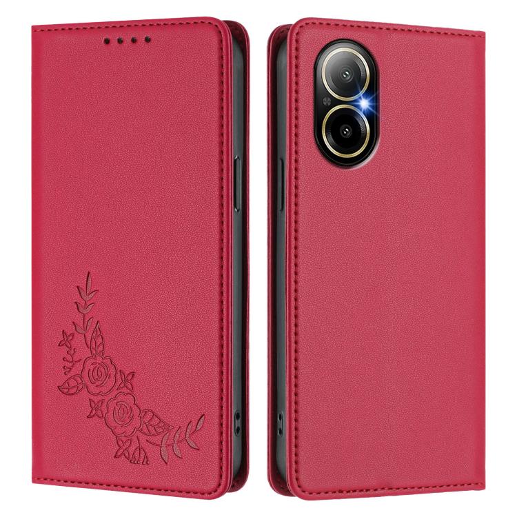 For Realme C67 4G / 12 Lite Peony Embossed Magnetic RFID Vegan Leather Phone Case