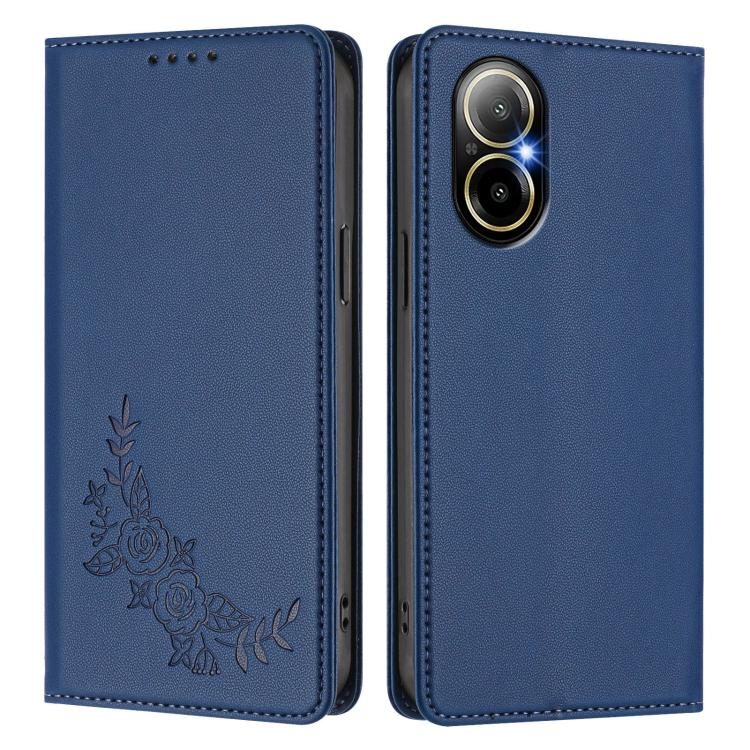 For Realme C67 4G / 12 Lite Peony Embossed Magnetic RFID Vegan Leather Phone Case