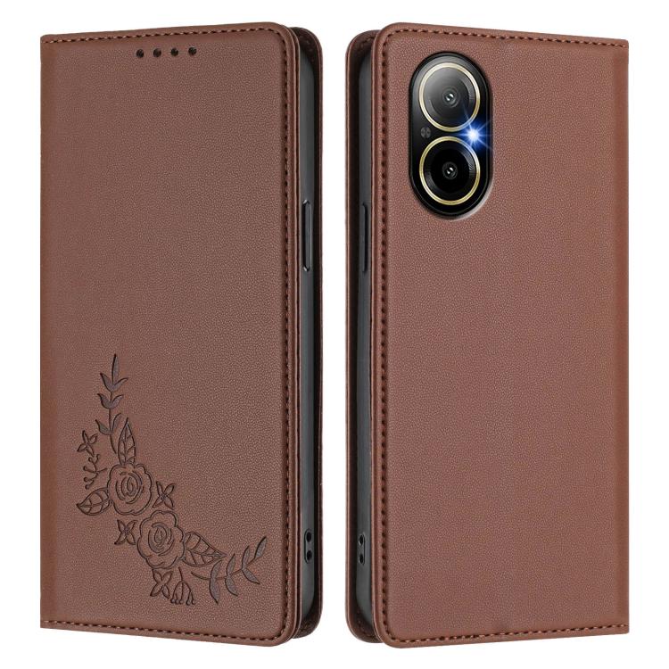 For Realme C67 4G / 12 Lite Peony Embossed Magnetic RFID Vegan Leather Phone Case