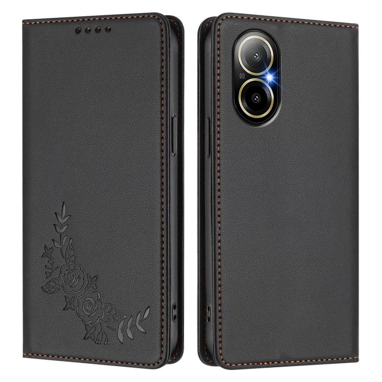 For Realme C67 4G / 12 Lite Peony Embossed Magnetic RFID Vegan Leather Phone Case