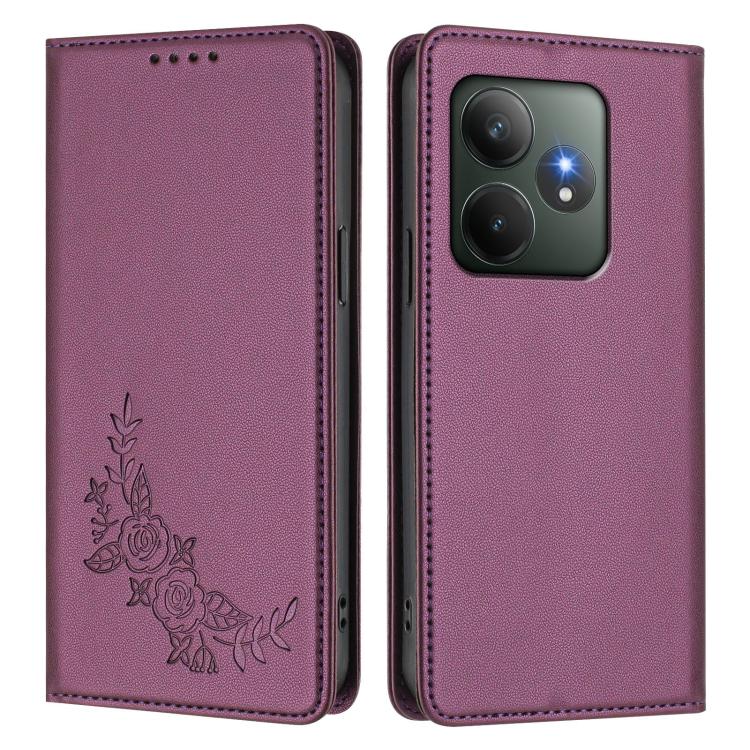 For Realme GT 6 / GT 6T Peony Embossed Magnetic RFID Vegan Leather Phone Case