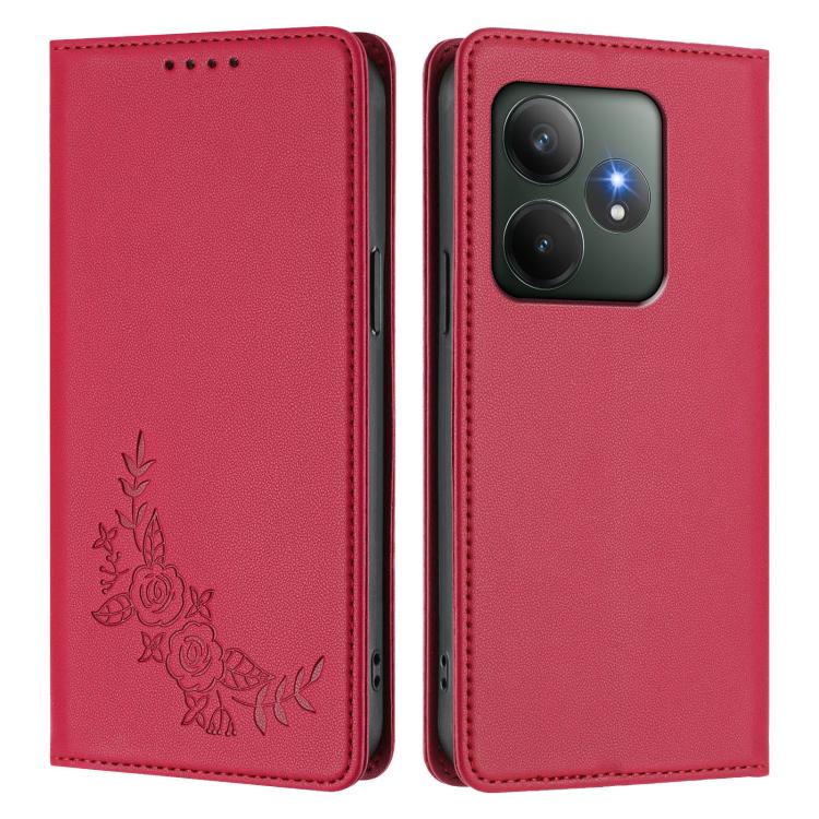 For Realme GT 6 / GT 6T Peony Embossed Magnetic RFID Vegan Leather Phone Case