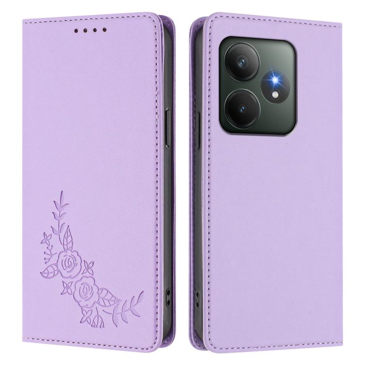 For Realme GT 6 / GT 6T Peony Embossed Magnetic RFID Vegan Leather Phone Case