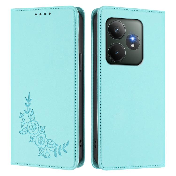 For Realme GT 6 / GT 6T Peony Embossed Magnetic RFID Vegan Leather Phone Case