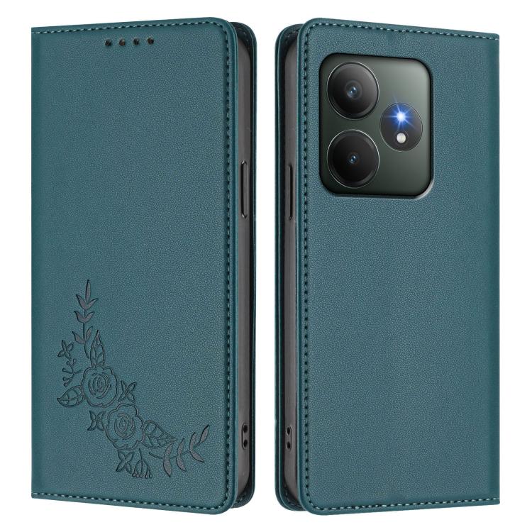 For Realme GT 6 / GT 6T Peony Embossed Magnetic RFID Vegan Leather Phone Case