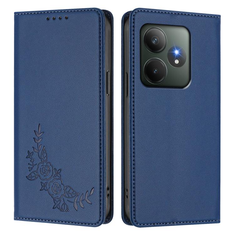 For Realme GT 6 / GT 6T Peony Embossed Magnetic RFID Vegan Leather Phone Case