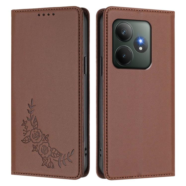 For Realme GT 6 / GT 6T Peony Embossed Magnetic RFID Vegan Leather Phone Case