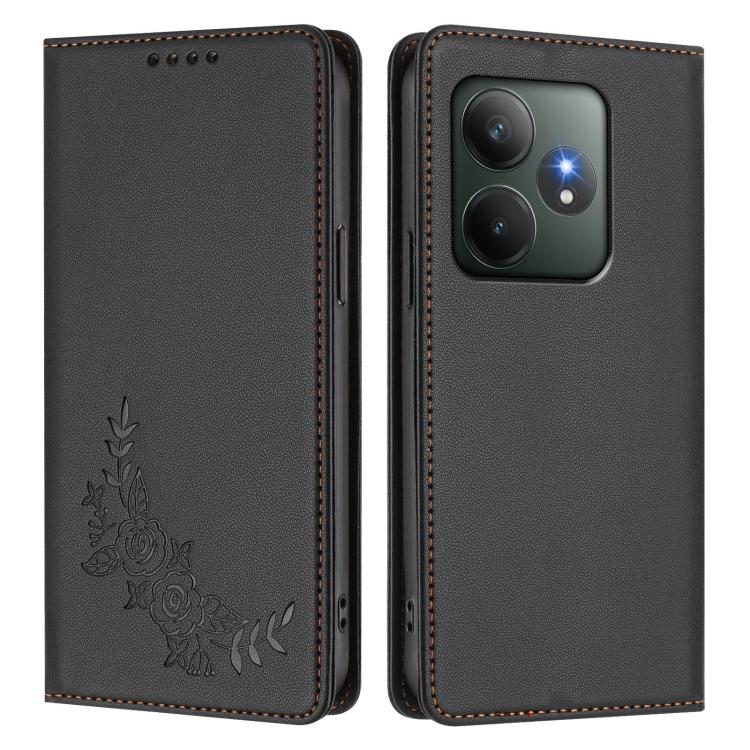 For Realme GT 6 / GT 6T Peony Embossed Magnetic RFID Vegan Leather Phone Case