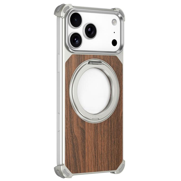 For iPhone 17 Pro Max Walnut Wood Frameless Hollow Magnetic Phone Case with Rotating Holder