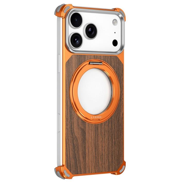 For iPhone 17 Pro Walnut Wood Frameless Hollow Magnetic Phone Case with Rotating Holder