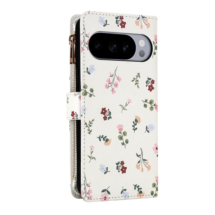 For Google Pixel 10 Pro XL / 9 Pro XL Flower Pattern Zipper Wallet Vegan Leather Phone Case with Lanyard