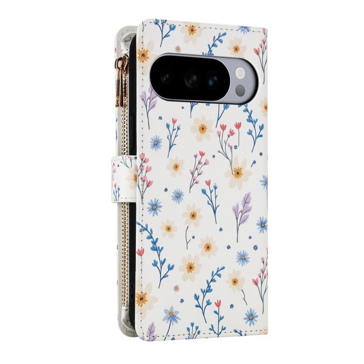 For Google Pixel 10 Pro XL / 9 Pro XL Flower Pattern Zipper Wallet Vegan Leather Phone Case with Lanyard