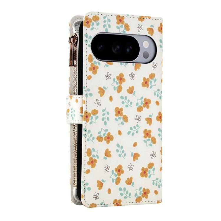 For Google Pixel 10 Pro XL / 9 Pro XL Flower Pattern Zipper Wallet Vegan Leather Phone Case with Lanyard